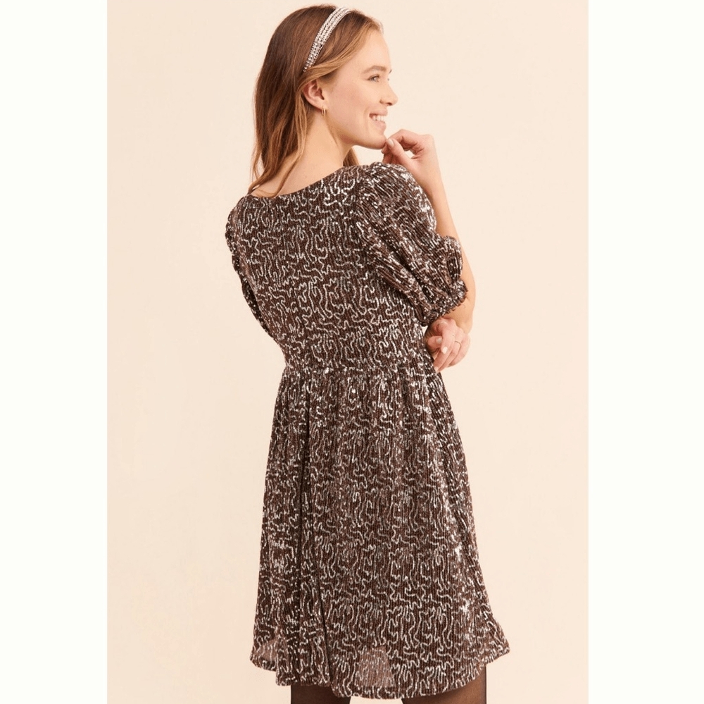 NWT Size M Anthropologie Moon River Sequin Babydoll Mini Dress Brown Silver - Picture 4 of 6